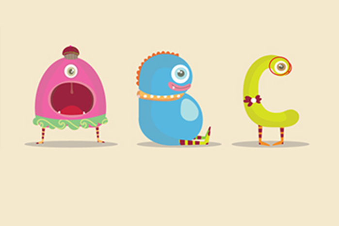 Tipografía ilustrada con monstruos y personajes